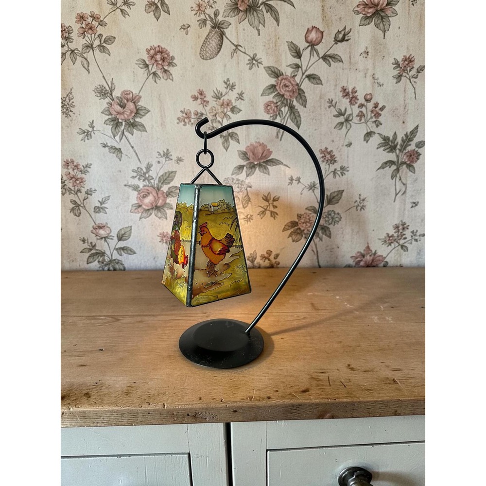 Vintage Stained Glass Rooster Tealight Holder – Farmhouse Chicken Accent Lamp
